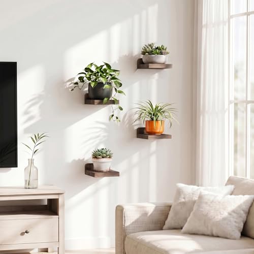 Small Floating Wall Shelves Set of 4 - Dark Carbonized Rustic Wood