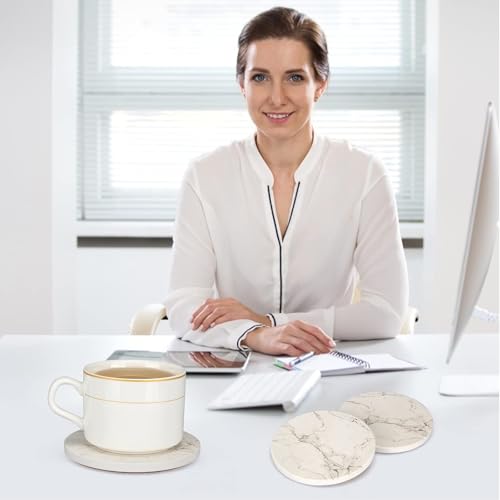 White Marble Coasters Set of 6 with Cork Non-Slip Bottom and Gold Holder - Absorbent Ceramic Drink Coasters