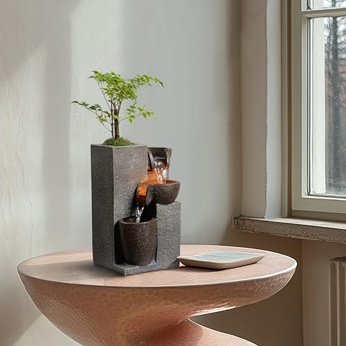 Tabletop Waterfall Fountain with LED Light & Plant Pot - Indoor Desk Decor