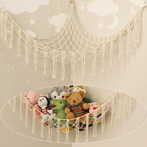 Large Boho Stuffed Animal Hammock - Corner Plush Toy Storage Net for Nursery