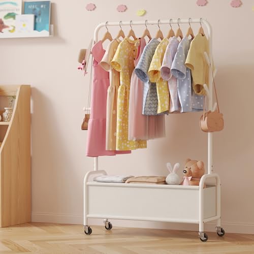 Kids Clothing Rack with Storage Bin and Hooks - Portable Garment Organizer