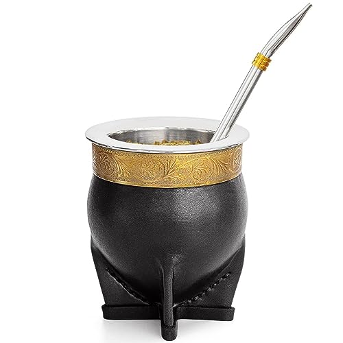 Cuopru Black Premium Argentina Yerba Mate Cup with Bombilla Set - Baroque Leather Gourd, Stainless Steel Inner