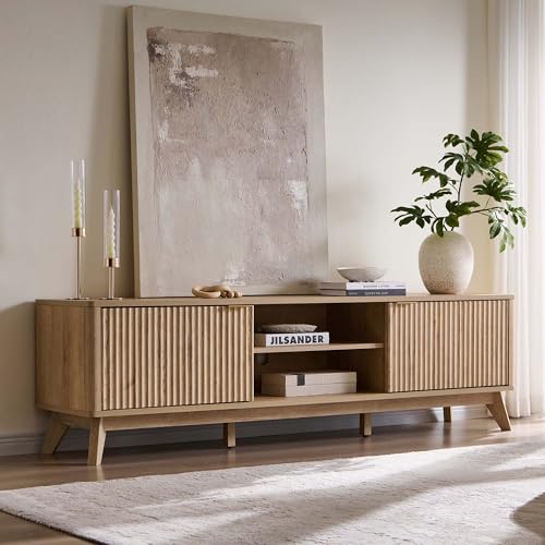 70-Inch Mid-Century Modern Fluted TV Stand with Storage Cabinets