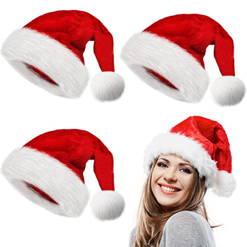 LINAYE 3 Pack Christmas Santa Hats for Adults & Kids Extra Thick Fluffy Holiday Costume Accessory