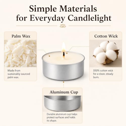 48 Pack Unscented Palm Wax Tea Light Candles - 4 Hour Clean Burn