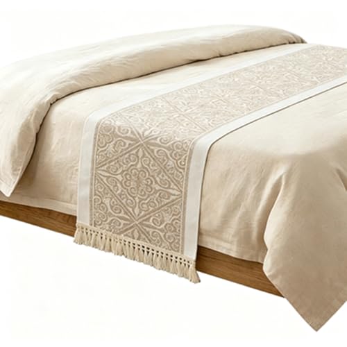 Waterproof Faux Linen Bed Runner with Tassels - Scandinavian Jacquard Bed Scarf