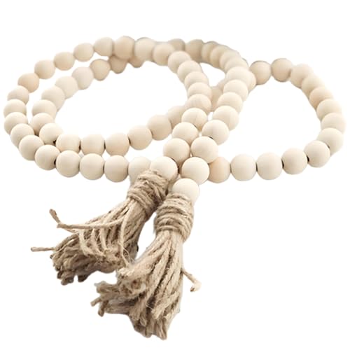 58-Inch Farmhouse Wood Bead Garland with Jute Tassels, Rustic Home Decor