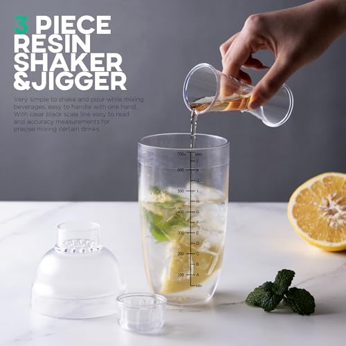 Homestia 2Pcs Plastic Cocktail Shaker & Jigger Set (700cc/24oz) - Includes 1 Shaker + 1 Double-Sided Measuring Jigger