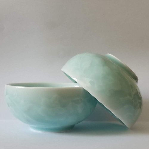 Chinese Rice Bowl 10oz Celadon Dinnerware Engraved Peony 4.5Inch Porcelain(1, Sky Blue)