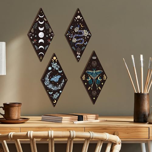 4-Piece Wooden Moon Phase Wall Art Set, Gothic Boho Hanging Decor