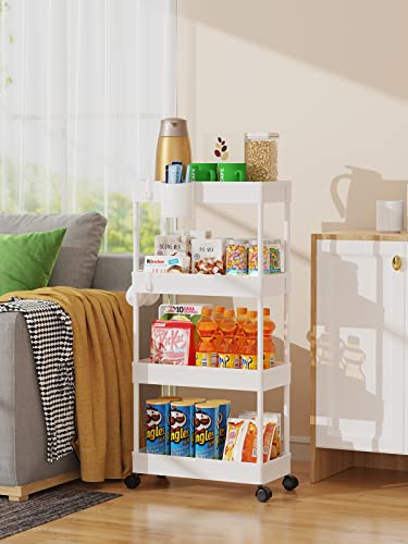 4-Tier Slim Rolling Storage Cart, 7.1" Narrow Mobile Utility Organizer, White
