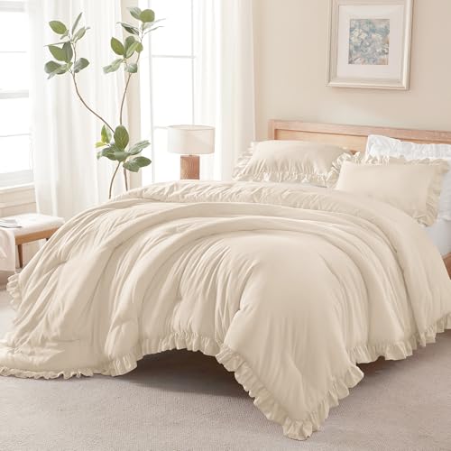 Beige Ruffled Queen Comforter Set - 3 Piece Lightweight Bedding
