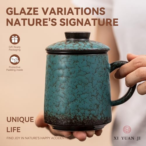 Blue-Green 15oz Ceramic Tea Mug with Infuser & Lid - Kiln-Transformed Unique Design