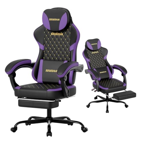 Ergonomic Gaming Chair with Massage Lumbar Pillow, Footrest & Adjustable Back