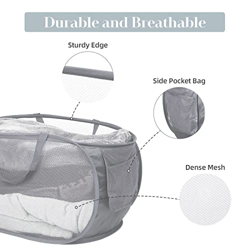 Collapsible Mesh Laundry Hamper with Side Pocket and Reinforced Handles