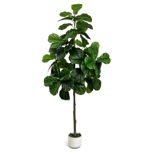 6FT Artificial Fiddle Leaf Fig Tree in White Planter - Faux Ficus Lyrata for Indoor Decor