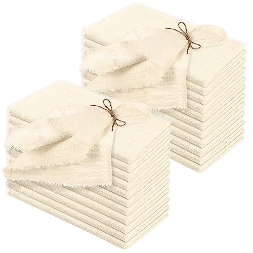 24-Piece Cotton Napkin Set, 17x17 Inch Fringe Edge Cloth Napkins, Ivory