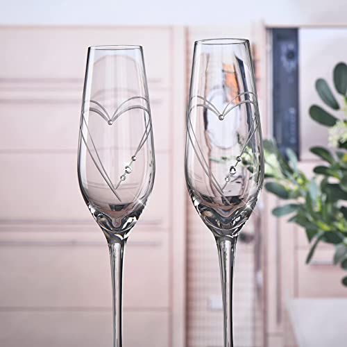Love Heart Champagne Flutes Set of 2 - Bride & Groom Wedding Toasting Glasses with Crystals, Hand-Blown Crystal Glassware, Parihy