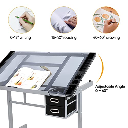 Adjustable Glass Drafting Table with Storage Drawers and Rolling Wheels