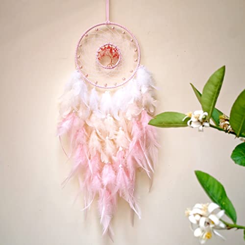 Pink Dream Catcher with Tree of Life and Natural Rose Quartz Crystal Stones
