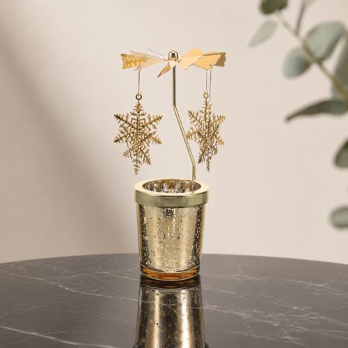 Rotating Christmas Carousel Candle Holder (2 Pack) - Gold Snowflake Tea Light Spinner