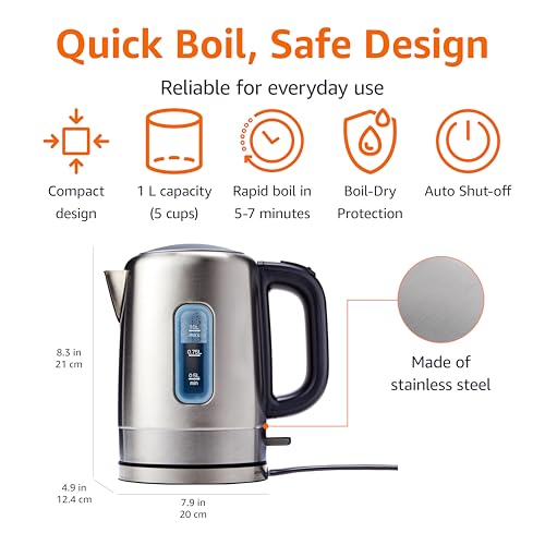 1L Electric Stainless Steel Kettle, Fast Boiling 1500W Tea & Coffee Maker