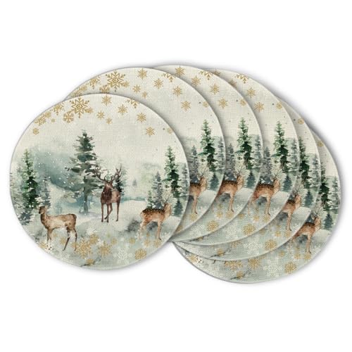 Artoid Mode 14" Round Placemats Set of 6 – Watercolor Deer, Trees & Snowflakes, Green