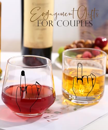 Engagement Gift Stemless Wine and Whiskey Glass Set for Couples