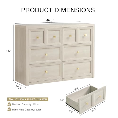 NOWABAY 3-Piece Grey White Dresser Bedroom Set with 6-Drawer Dresser & 2 Nightstands, Farmhouse Style, with Charging Station