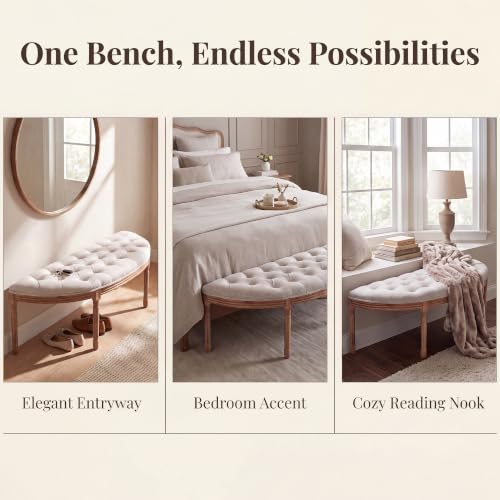 55-Inch Button-Tufted Half-Moon Dining Bench, Upholstered Linen Seat