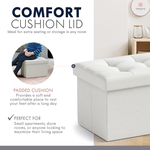 Small Storage Ottoman - Collapsible Linen Footrest Stool, White (12x16x12)