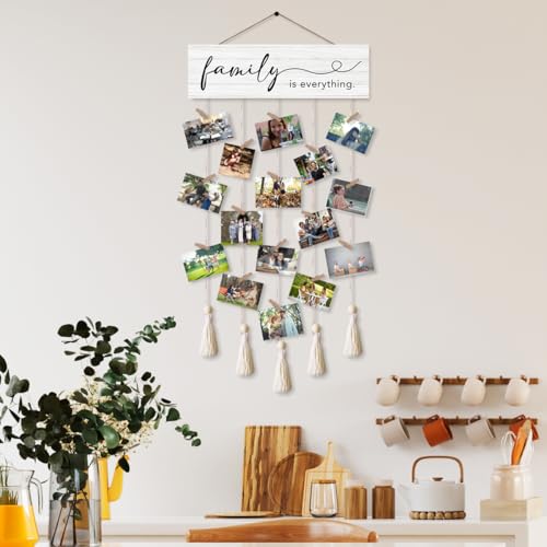 Rustic Farmhouse Hanging Photo Display Board with 16 Clips and Tassels