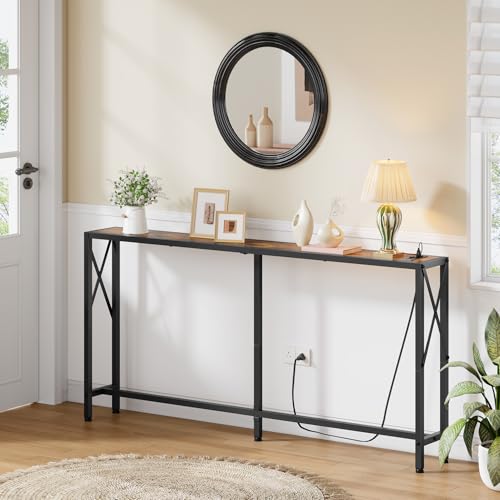 55-Inch Narrow Console Table with Charging Station and USB Ports, Brown