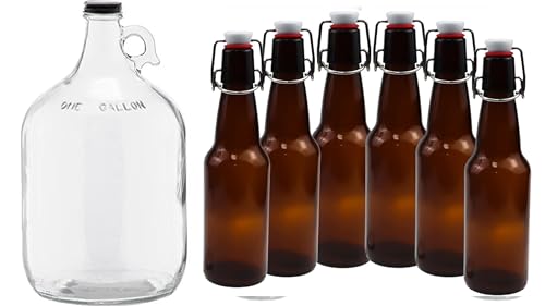 1 Gallon Glass Jug with 6 Pack 16oz Amber Flip-Top Beverage Growlers