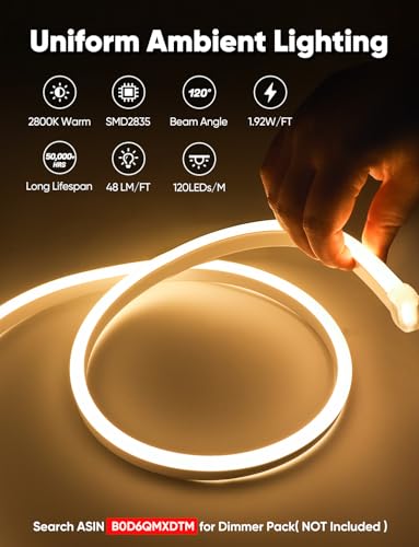 16ft LED Neon Rope Light, 2800K Warm White Dimmable Waterproof Strip