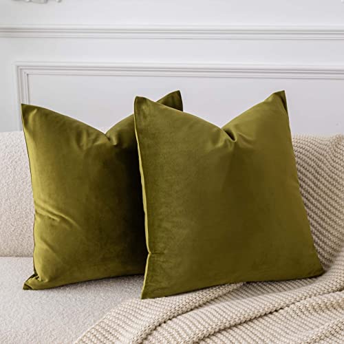 Velvet Throw Pillow Covers 18x18 Set of 2 - Soft Olive Green Cushion Covers