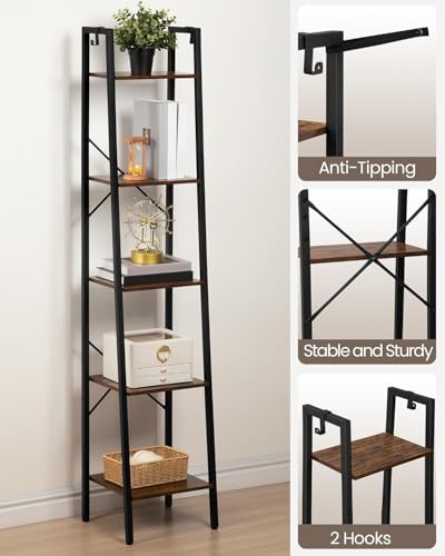 5-Tier Industrial Ladder Shelf, Freestanding Corner Storage Bookcase