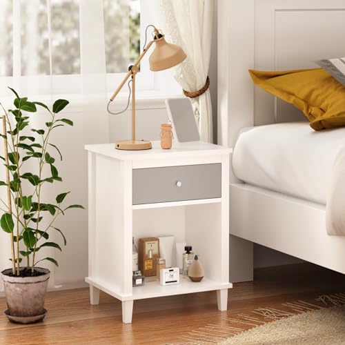Modern Kids Nightstand with Drawer and Storage Shelf - Grey Wood