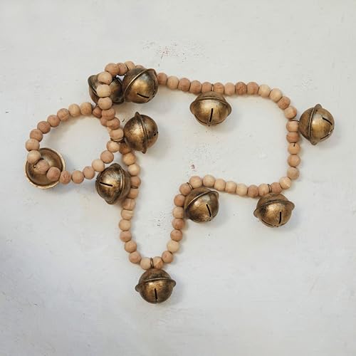 Wood Bead and Metal Bell Garland - Rustic Farmhouse Decor, 33 Inches