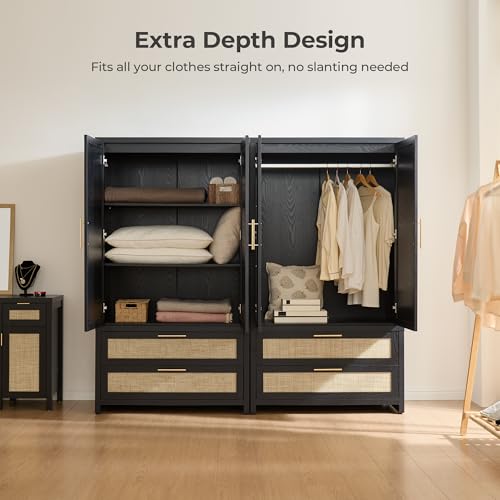 Rattan Armoire Wardrobe Closet with Drawers - 71-inch Boho Storage Cabinet