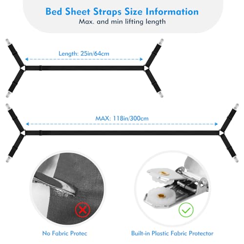 Adjustable Bed Sheet Straps - 2 Pack Elastic Sheet Holders with Metal Clips