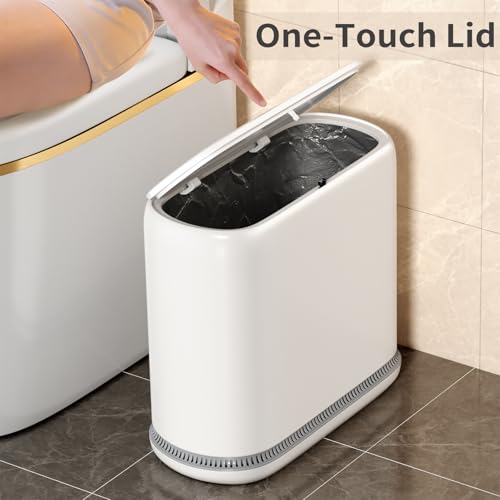 Small Bathroom Trash Can with Lid, 3 Gallon Slim Garbage Bin with Bags