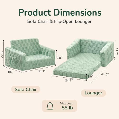 2-in-1 Fold-Out Toddler Couch and Lounger, Soft Flannel Kids Sofa - Green