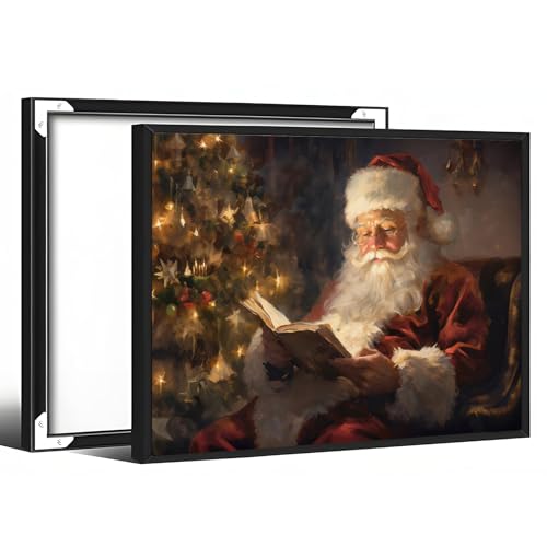 Santa Reading by Christmas Tree canvas wall art 8x12 with black aluminum frame