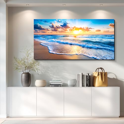 Beach Sunset Canvas Wall Art, Coastal Ocean Waves Print 40x20 Inch