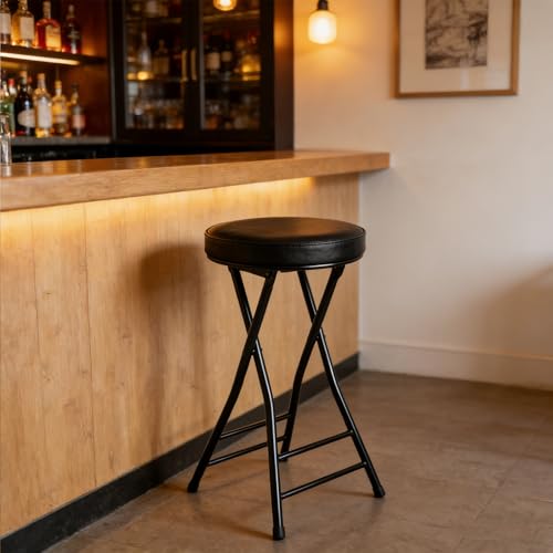 24-Inch Folding Bar Stool with Padded PU Leather Seat, Portable Tall Chair