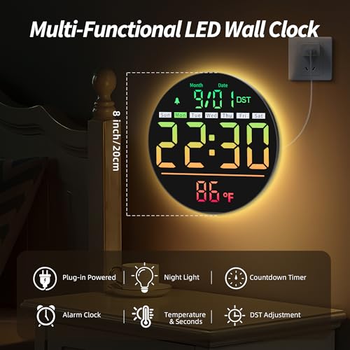 8-Inch LED Digital Wall Clock with Remote, RGB Color Display and Timer