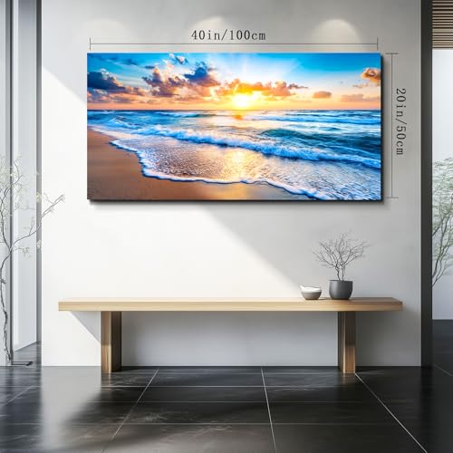 Beach Sunset Canvas Wall Art, Coastal Ocean Waves Print 40x20 Inch