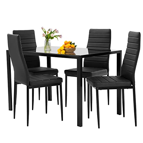 5-Piece Glass Dining Table Set with 4 Faux Leather Chairs - Black
