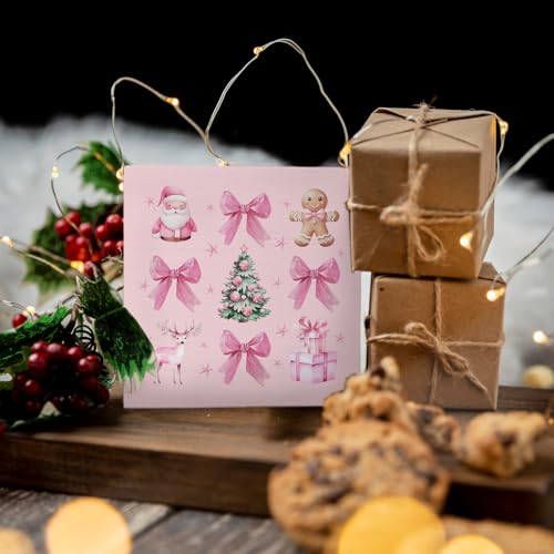 Nvotell Pink Coquette Christmas Sign - 5x5 Inch Wooden Box Decor with Santa, Tree & Bow